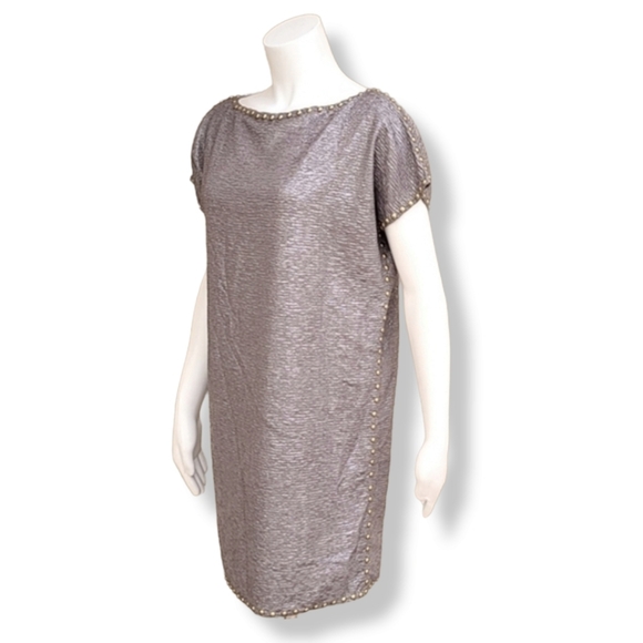 VINTAGE 80's SMITH & SMITH NYC Studded Shift Dress Small Mini Textured Crinkled - Picture 15 of 16